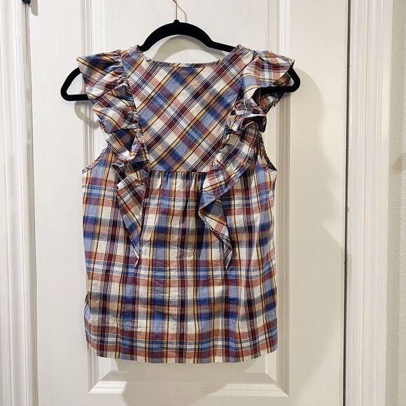 J. CREW Ruffle sleeveless summer top vintage plaid SZ 00 - Picture 5 of 8